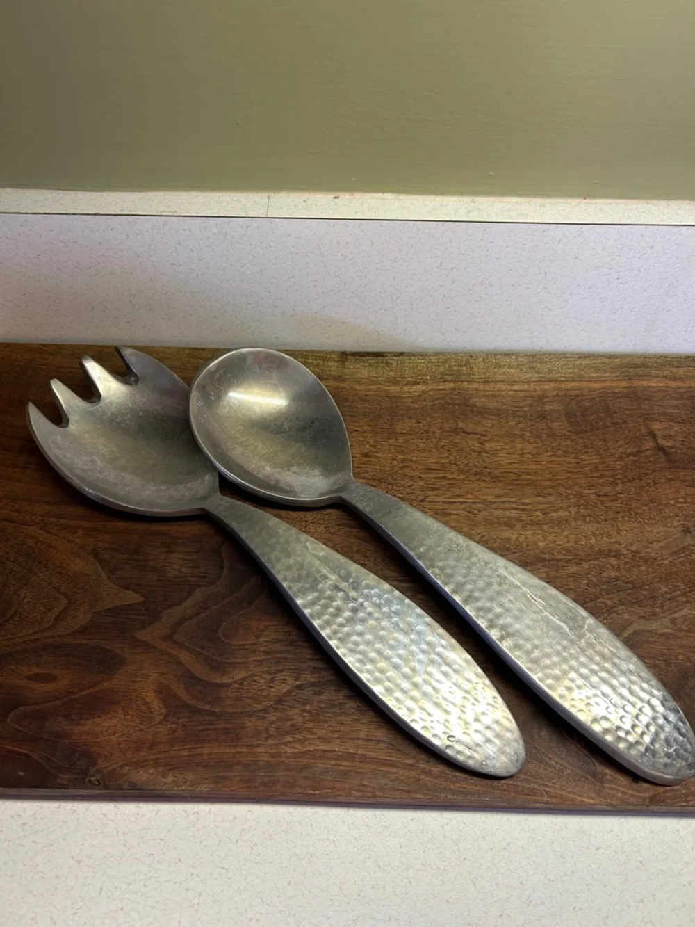 Brushed Silver Hammered Metal Salad Serving Set - 2-Piece
